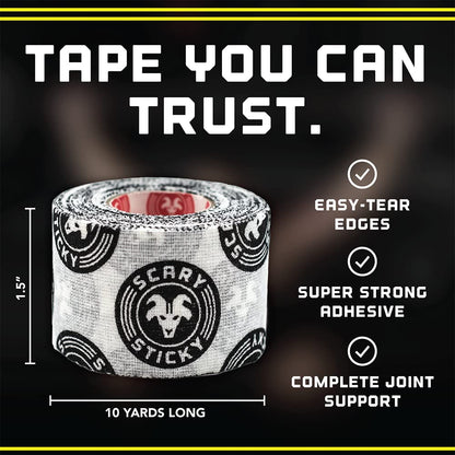 Scary Sticky Premium Athletic Tape, Ultra-Sticky Thumb, Finger & Wrist Tape for Weightlifting, Hook Grip & Cross Workout, Cotton, Latex-Free, 10 Yards, White/Black, 2 Rolls